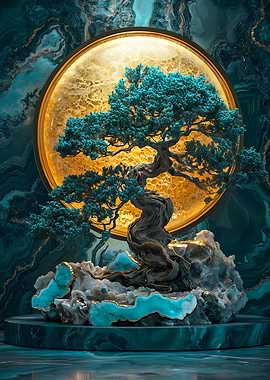 Bonsai Tree with Golden Moon