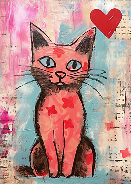 Valentine Pink Cat with Heart