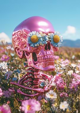 Pink Skull in Flower Field