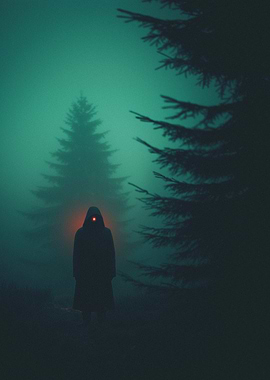 Lonely Wanderer in Dark Misty Forest