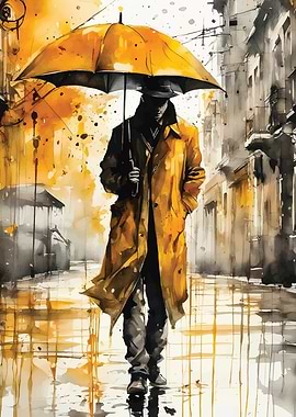 Man in Yellow Coat Walking in Rain
