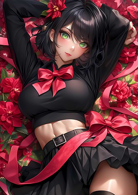 Anime Girl with Red Flowers Gaming