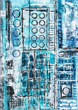 Abstract Blue and Grey 'Mood Factory' Painting