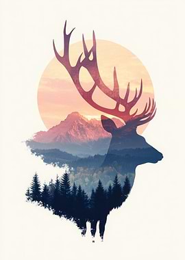 Deer Silhouette with Mountain Landscape