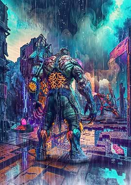 Cyberpunk warrior girl attacked by monster