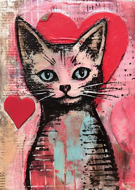 Valentine Cat with Hearts Painting