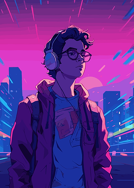 Cyberpunk Cityscape with Headphones