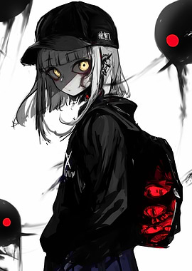 Anime Girl with Eyes on Backpack