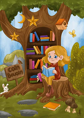 Girl Reading in Tree Library