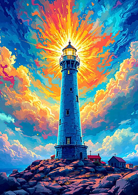 Lighthouse Sunset Watercolor Art