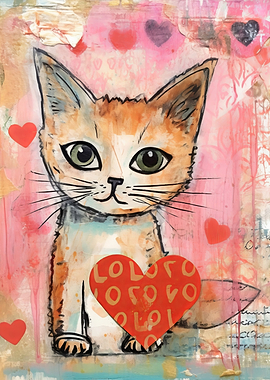 Cute Valentine Kitten with Heart Mixed Media