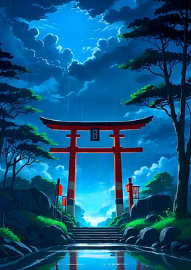 Japanese Torii Gate in Rain