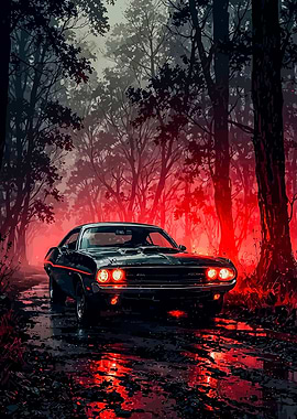 Black Muscle Car in Forest