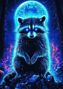 Neon Raccoon Under Moon