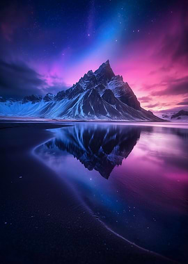 Mountain Reflection Under Aurora