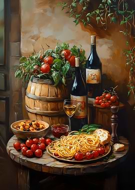 Still Life With Wine And Spaghetti