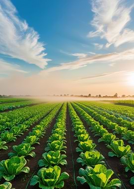 Green Cabbage Field at Dawn