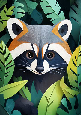 Raccoon in Jungle Leaves