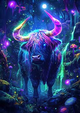 Neon Highland Cow in Forest