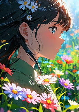 Anime Girl in Flower Field