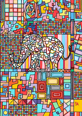 Geometric Abstract Mosaic Cubism Elephant Art