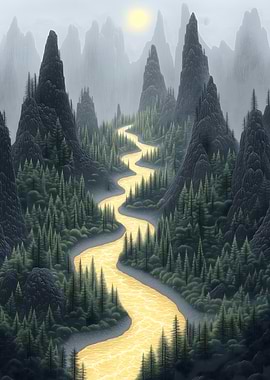 Golden River Through Mountains