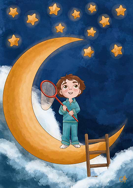 Boy Catching Stars on Crescent Moon