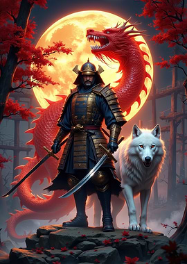 Samurai with Dragon and Wolf