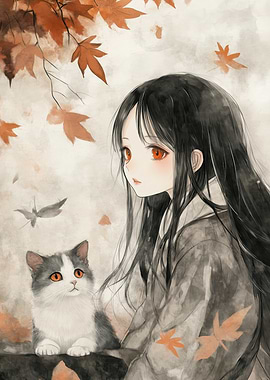 Anime Girl with Cat in Autumn