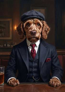 Brown Cockapoo Dog in Suit at the Pub