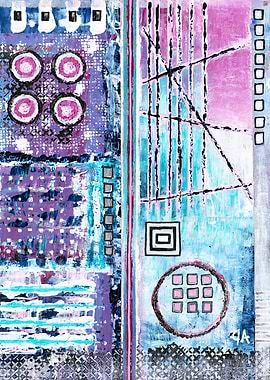 Abstract Geometric 'Ultra Violet Train Wreck' Painting