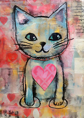 Valentine Cat with Loving Heart Mixed Media