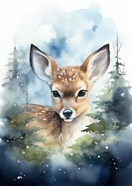 Fawn in Winter Forest