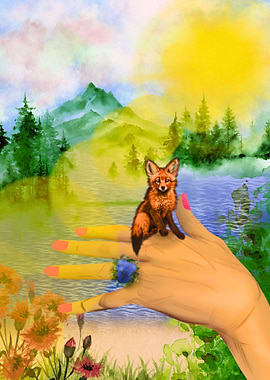 Fox on Hand with Nature Scene