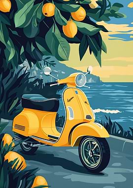 Yellow Vespa by the Sea