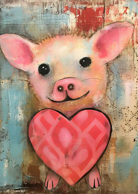 Valentine Piglet with Cute Heart Mixed Media