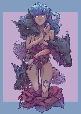 Woman being Devoured by her Inner demons in the form of Wolves