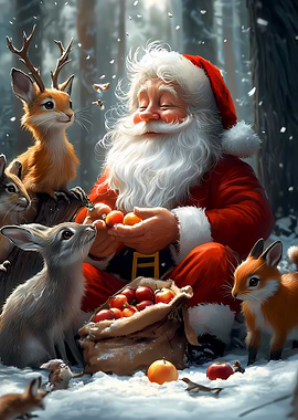 Santa with Forest Animals Christmas