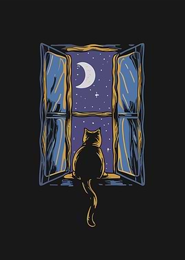 Cat Gazing at Night Sky