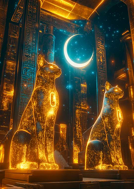 Golden Cat Statues in Ancient Temple