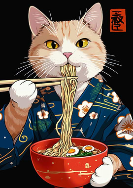 Cat Eating Ramen in Kimono