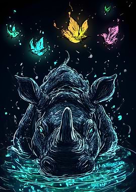 Rhino in Water with Birds