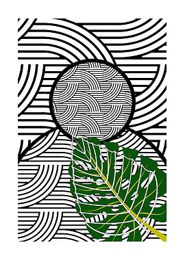 Black and White Geometric Pattern with Leaf