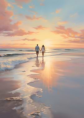 Couple Walking Sunset Beach