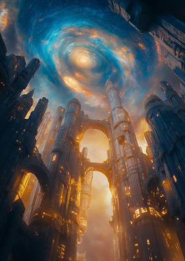 Fantasy Cityscape with Spiral Galaxy