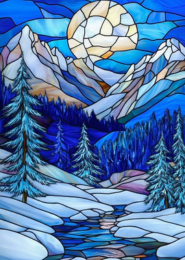 Stained Glass Mountain Scene