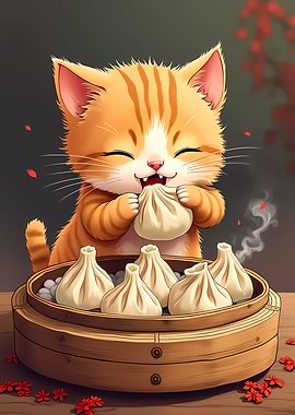 Cute Cat Eating Dumplings