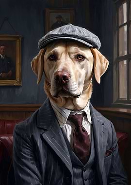 Yellow Labrador Dog Wearing a Suit in the Pub