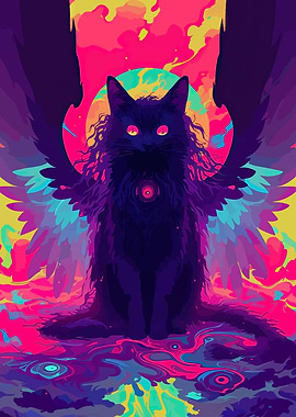 Eerie Black Cat Angel with Multiple Eyes Weirdcore