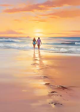 Couple Walking Sunset Beach